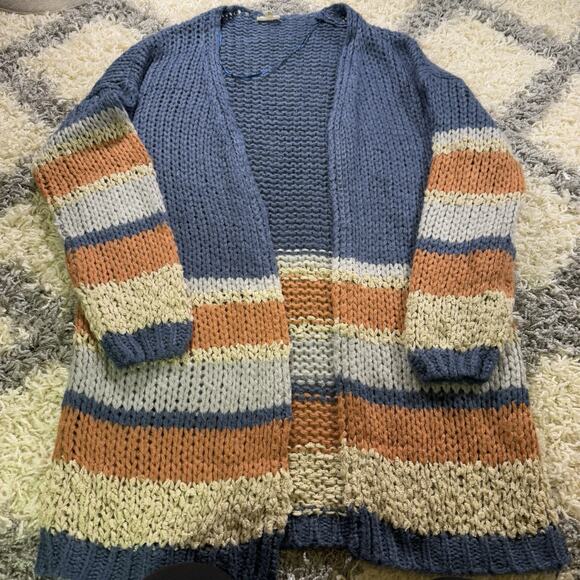 hem thread S Cardigan Knit Sweater Open Blue Gray Senna Beige Color Block - Picture 1 of 5